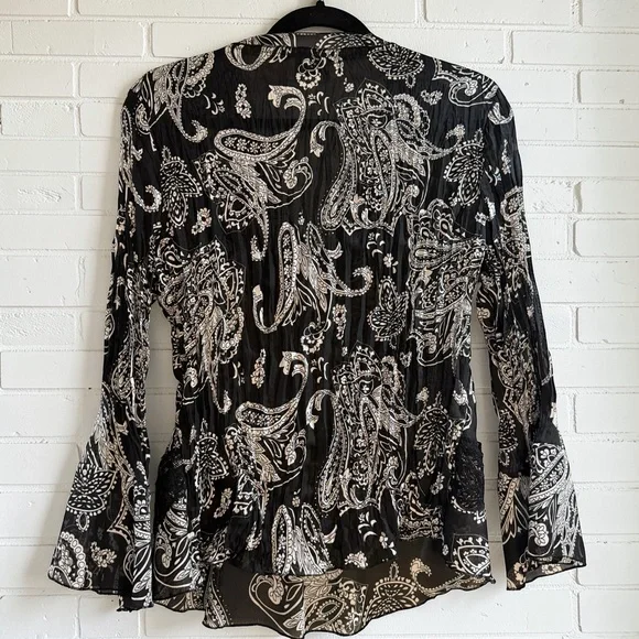 Robbie Bee Paisley Tie Neck Blouse Ruffle Peplum Sheer Boho L - Picture 2 of 4